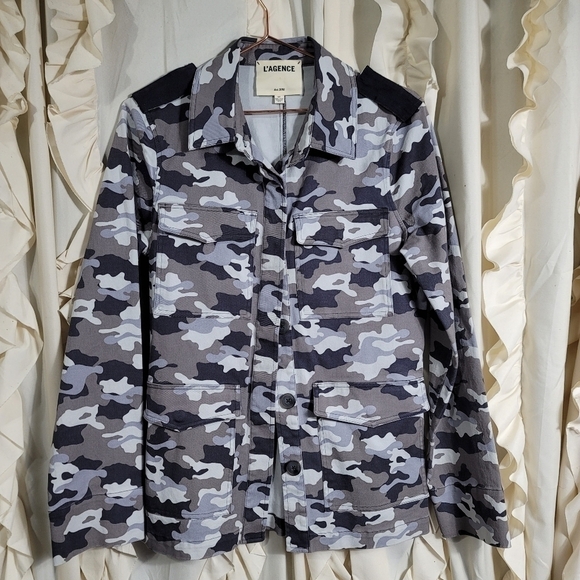 L'AGENCE Cromwell Camo Military Jacket Gray Stretch Cotton Small Shacket - Picture 2 of 7